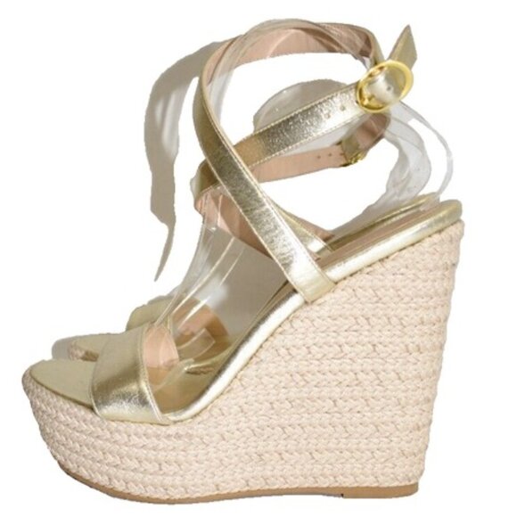 $550 Stuart Weitzman Alex Platform 5.5" Wedge WOVEN RAFFIA GOLD LEATHER 8 (DB12) - Picture 3 of 6